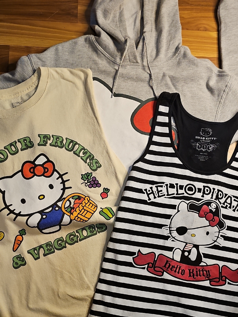 Lot Of 3 Hello Kitty Sanrio Tops, Tank, Tshirt, Cropped Sweatshirt.